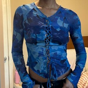Blue Floral Lace-Up Blouse